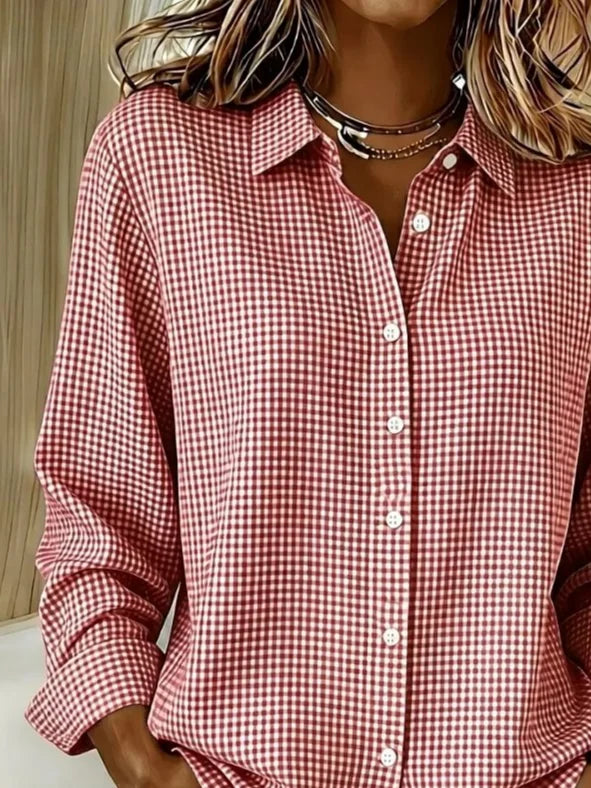 Women Plaid Casual Shirt Shirt Collar Long Sleeve Buckle Top