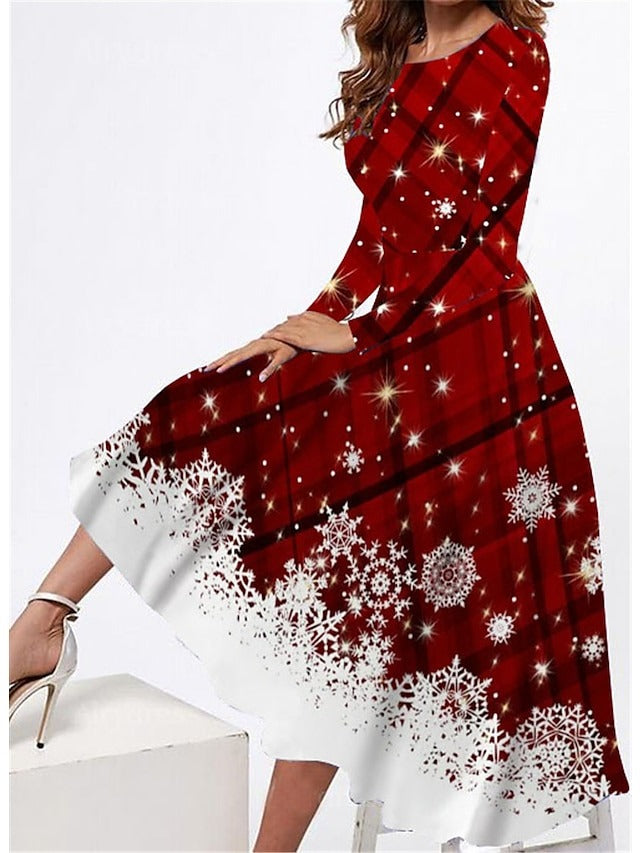Winter Christmas Party Round Neck Snowflake Print Long Sleeve Dresses