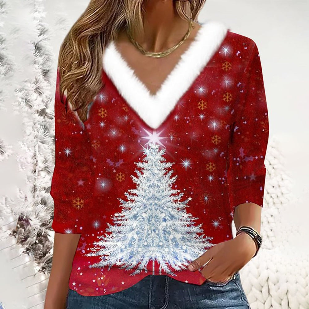 Christmas Tree Print Red 3/4 Sleeves V-Neck Sweatshirt