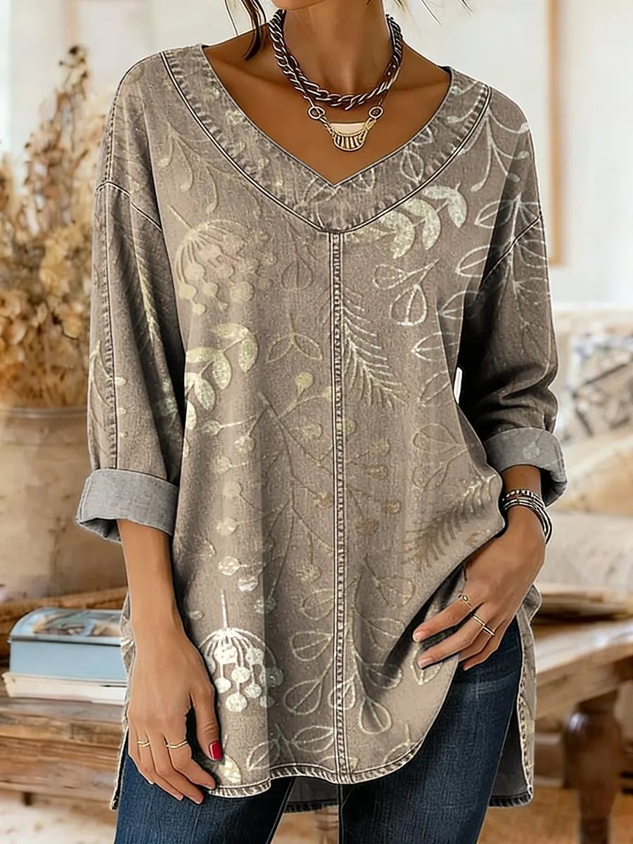 Women's Floral Art Print Casual Washed Denim Cotton Top