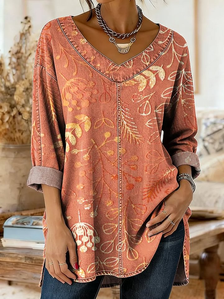 Women's Floral Art Print Casual Washed Denim Cotton Top