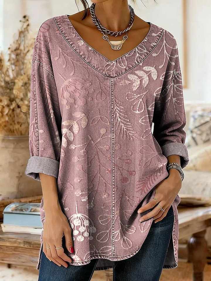 Women's Floral Art Print Casual Washed Denim Cotton Top