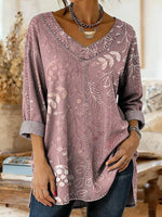 Women's Floral Art Print Casual Washed Denim Cotton Top