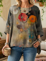 Retro Flowers Women's Art Print Casual 3/4 Sleeve Cotton Top