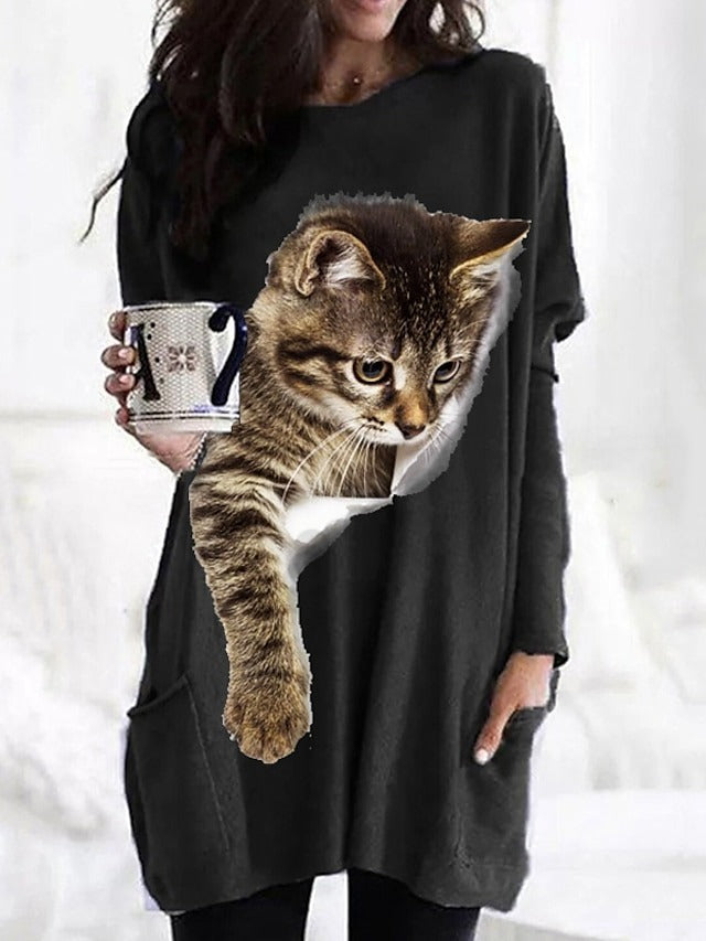 Black Cat 3D Printed Pocket Casual Round Neck Long Sleeve Loose Sweatshirt