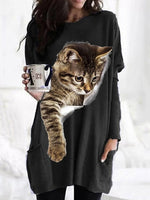 Black Cat 3D Printed Pocket Casual Round Neck Long Sleeve Loose Sweatshirt