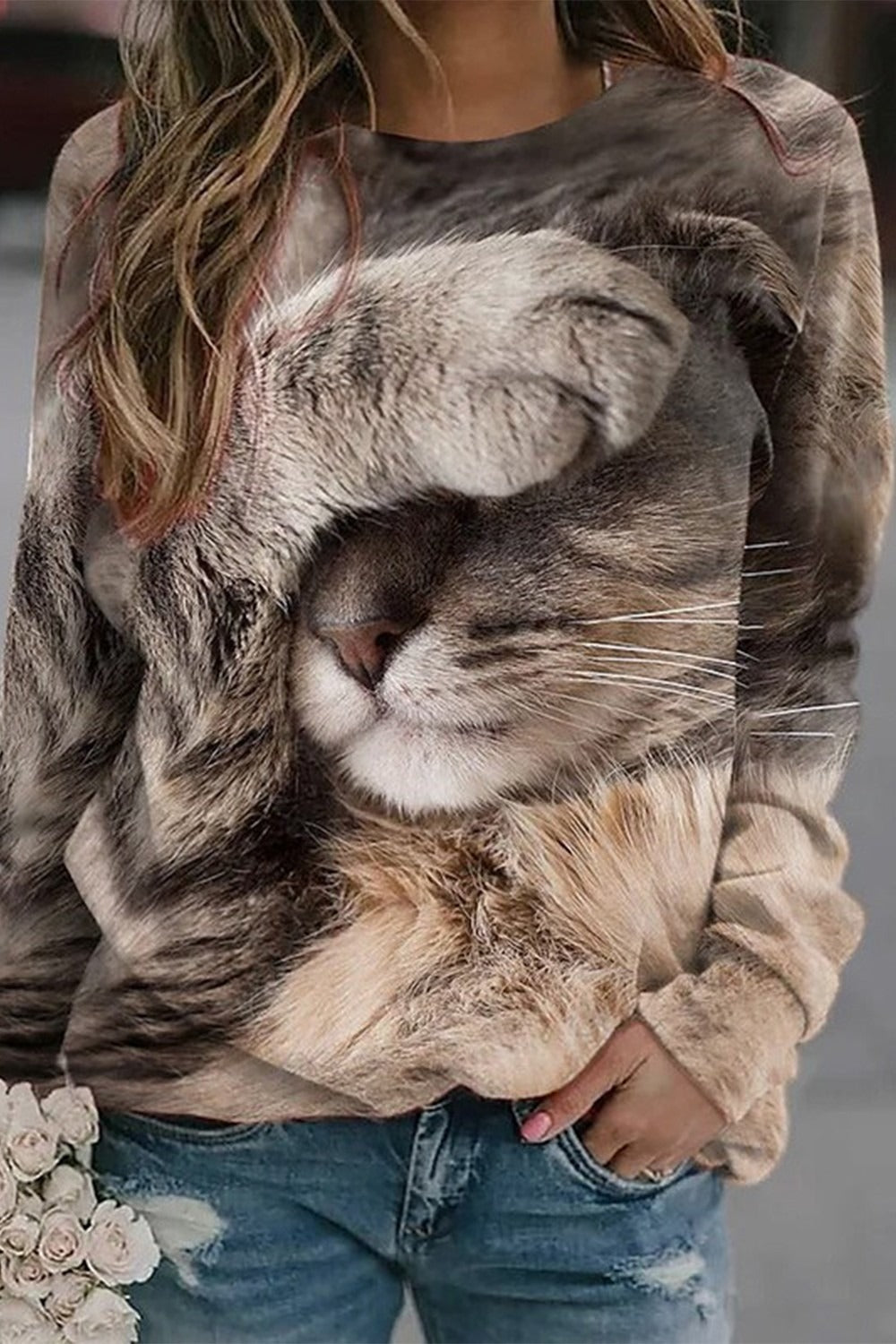 Long Sleeve Graphic Tops Round Neck Cover Face Cat Printed Sweatshirts