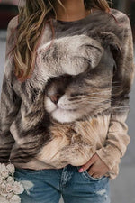 Long Sleeve Graphic Tops Round Neck Cover Face Cat Printed Sweatshirts