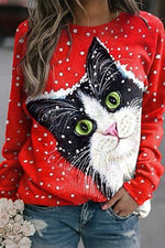 Women's Graphic Tops Round Neck Cat Printed Long Sleeve Sweatshirts