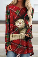 Graphic Long Sleeve Tops Round Neck Plaid Cat Printed Sweatshirts
