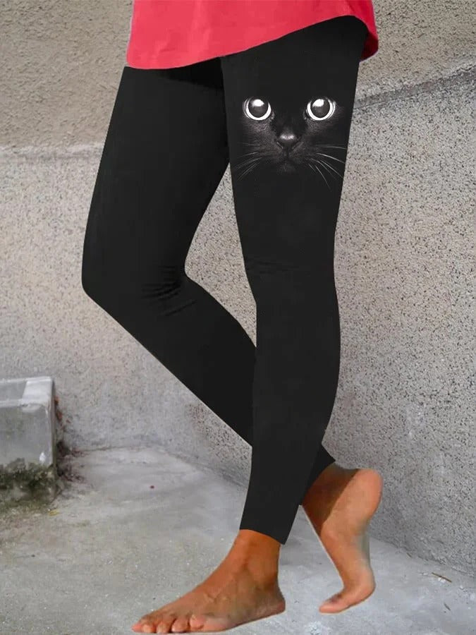 Cute Cat Facial Printed Casual Leggings