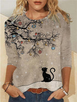 Christmas Grey Cat Printed Round Neck Shirt