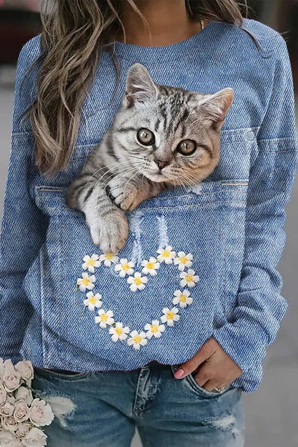 Blue Casual Cat Printed Round Neck Long Sleeve Sweatshirts
