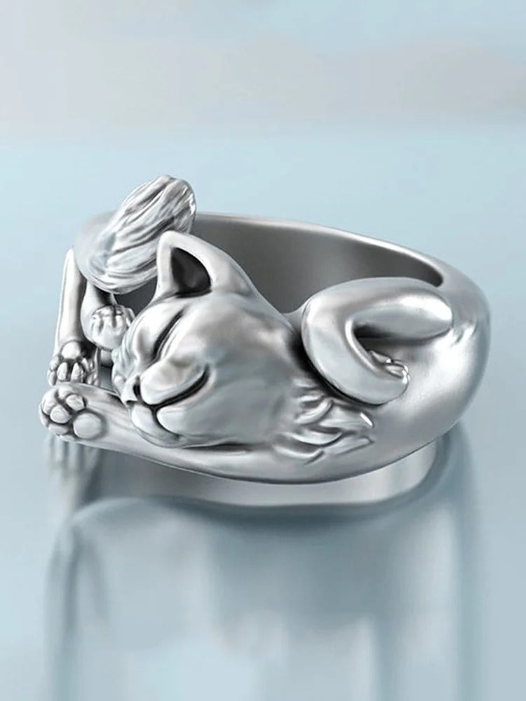 Lovely Cat Carving Adjustable Ring