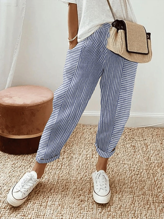 Blue Jacquard Striped Paneled Loose-Fitting Track Pockets Pants