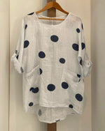 Plus Size Polka Dot Print White Crew Neck Blouse