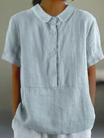 Solid Color Round Neck Button Loose Short Sleeves Casual Shirt