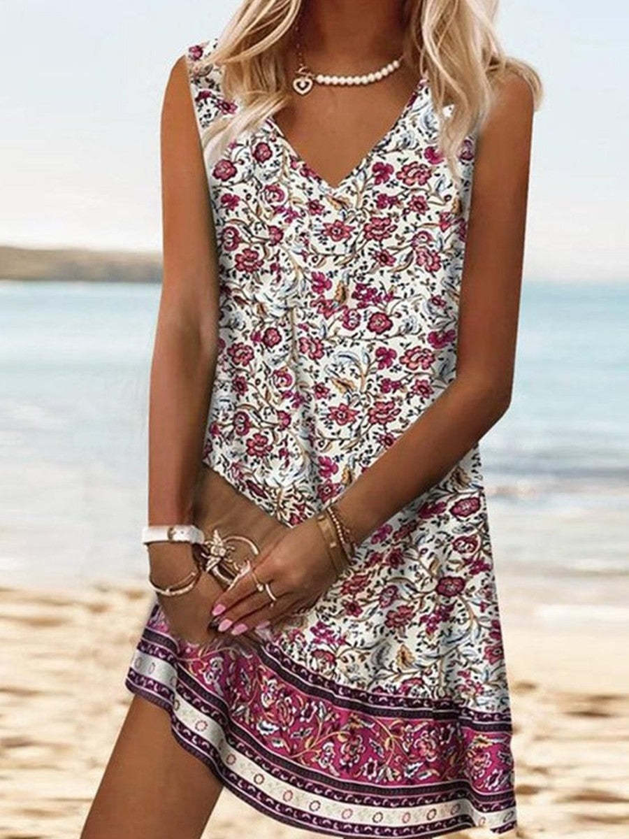Red Roses Print V-neck Sleeveless Shift Mini Dress