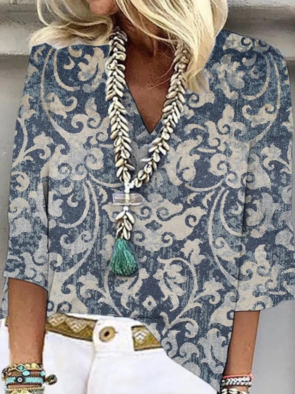 Blue Graphic Casual V Neck Printed 3/4 Sleeves Blouse