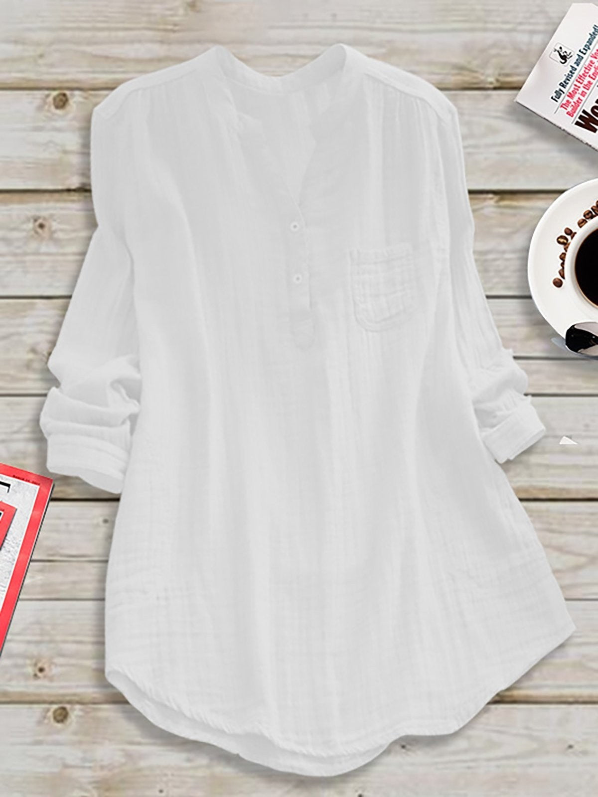 Plain Stand Collar Buttons Casual Long Sleeve Plus Size Blouse