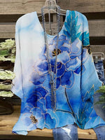 Blue Casual Floral Printed Round Neck Long Sleeve Blouse