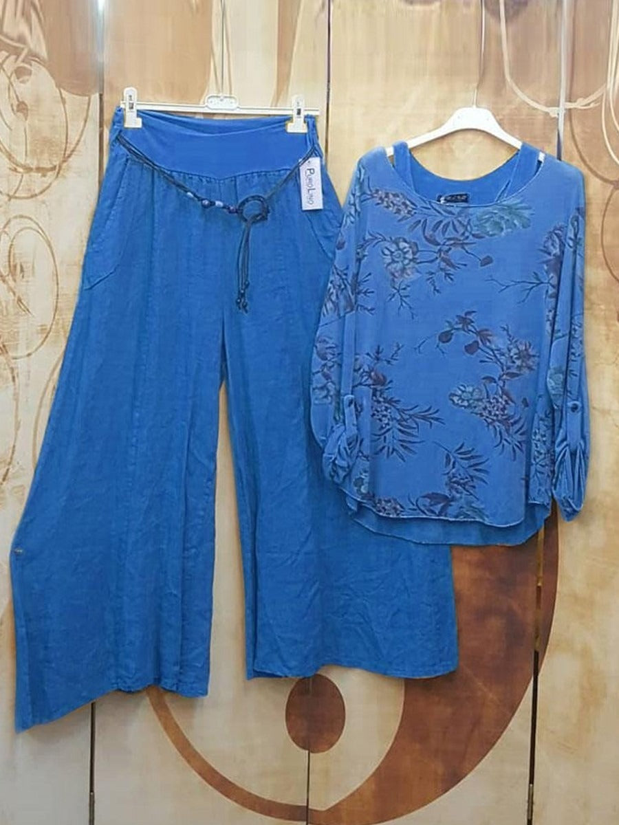 Casual Round Neck Floral Printed Long Sleeve Two Piece Sets