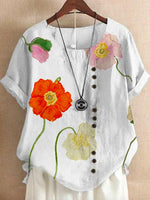 Cotton Linen Floral Print Button Daily Shirt