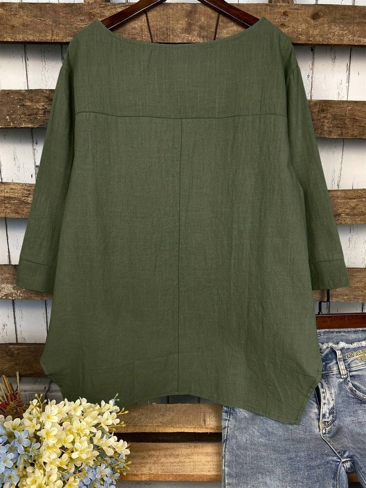 Green Round Neck Plain Long Sleeve Blouse