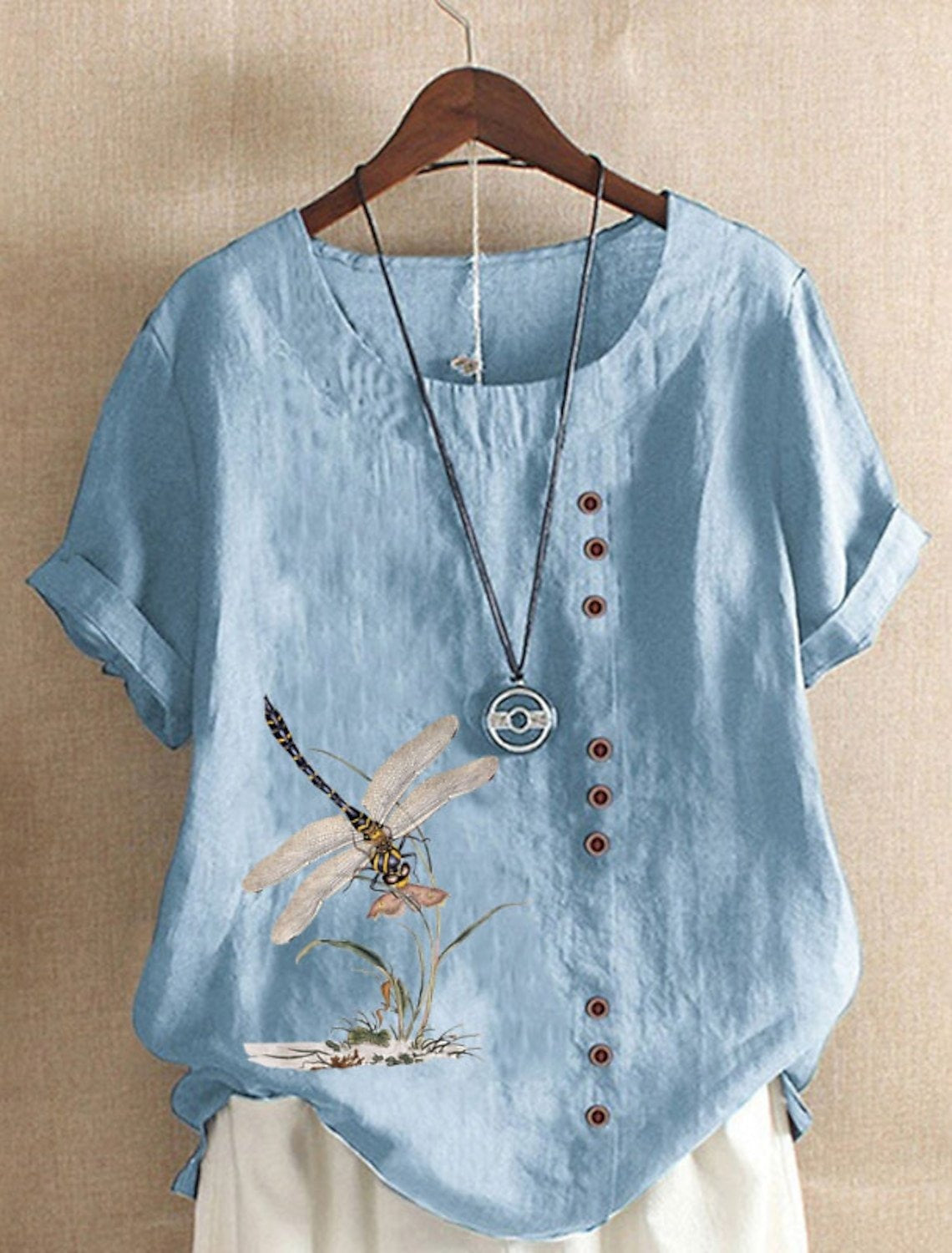 Crew Neck Dragonfly Print Buttoned Casual Shirt
