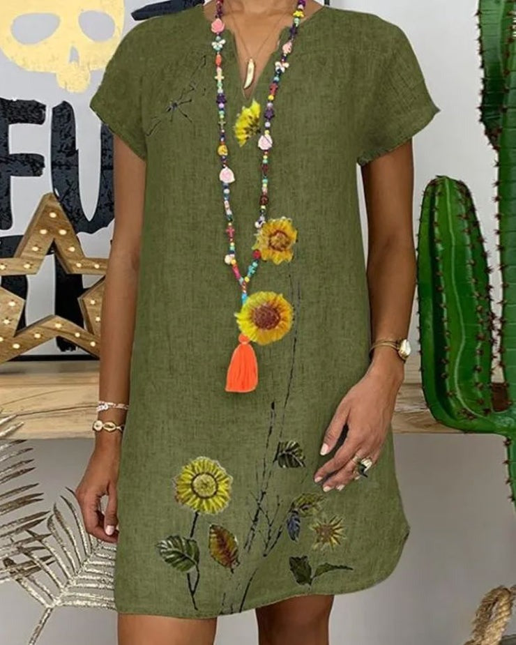 Green Floral Print Short Sleeve V-Neck Mini Dress