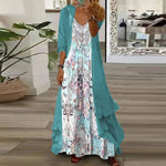 Green Floral Print Long Sleeve Two Pieces Maxi Dress