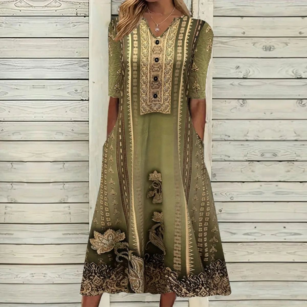 Green Ethnic Print Half Sleeve Midi Dress