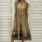 Green Ethnic Print Half Sleeve Midi Dress