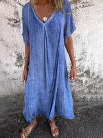 Women's Casual Cotton Linen wi Button Down 1/2 Long Sleeve Lapel V Neck Summer Midi Dresses