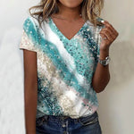 Women's Short Sleeve V-Neck Marble Print Casual Loose T-Shirt