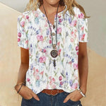 Women's Summer Casual V-Neck Floral Print Loose Short Sleeve Top