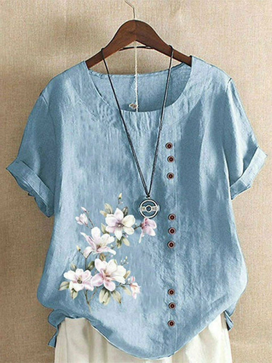 Floral Embroidery Round Neck Short Sleeves T-shirt