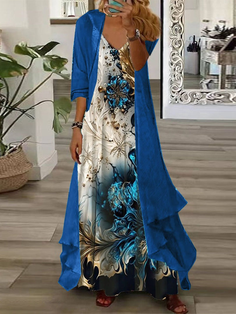 Women's V Neck Sleeveless Spaghetti Strap Floral Flowy Maxi Dress with Chiffon Solid Color Jacket 2 Piece Set