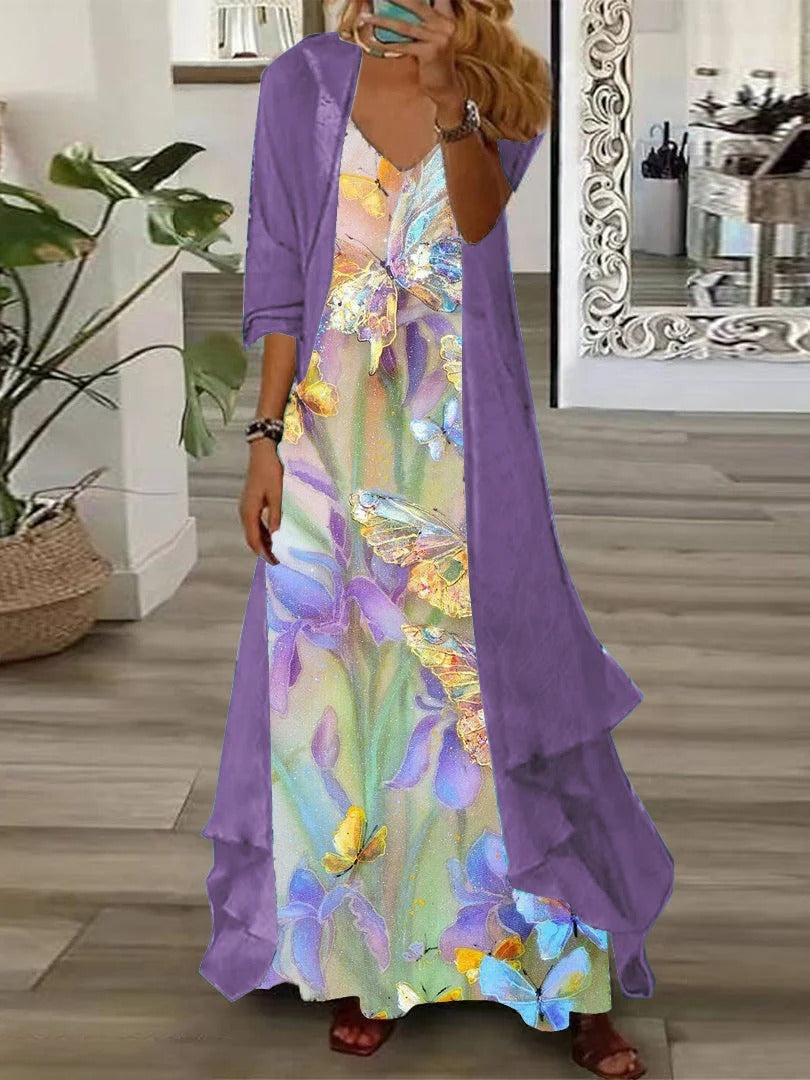 Purple Butterfly & Floral Long Sleeve V-Neck Two Pieces Maxi Dress