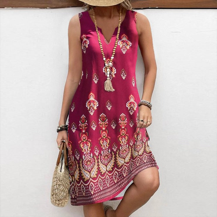 Burgundy Ethnic Print Sleeveless Short Dress