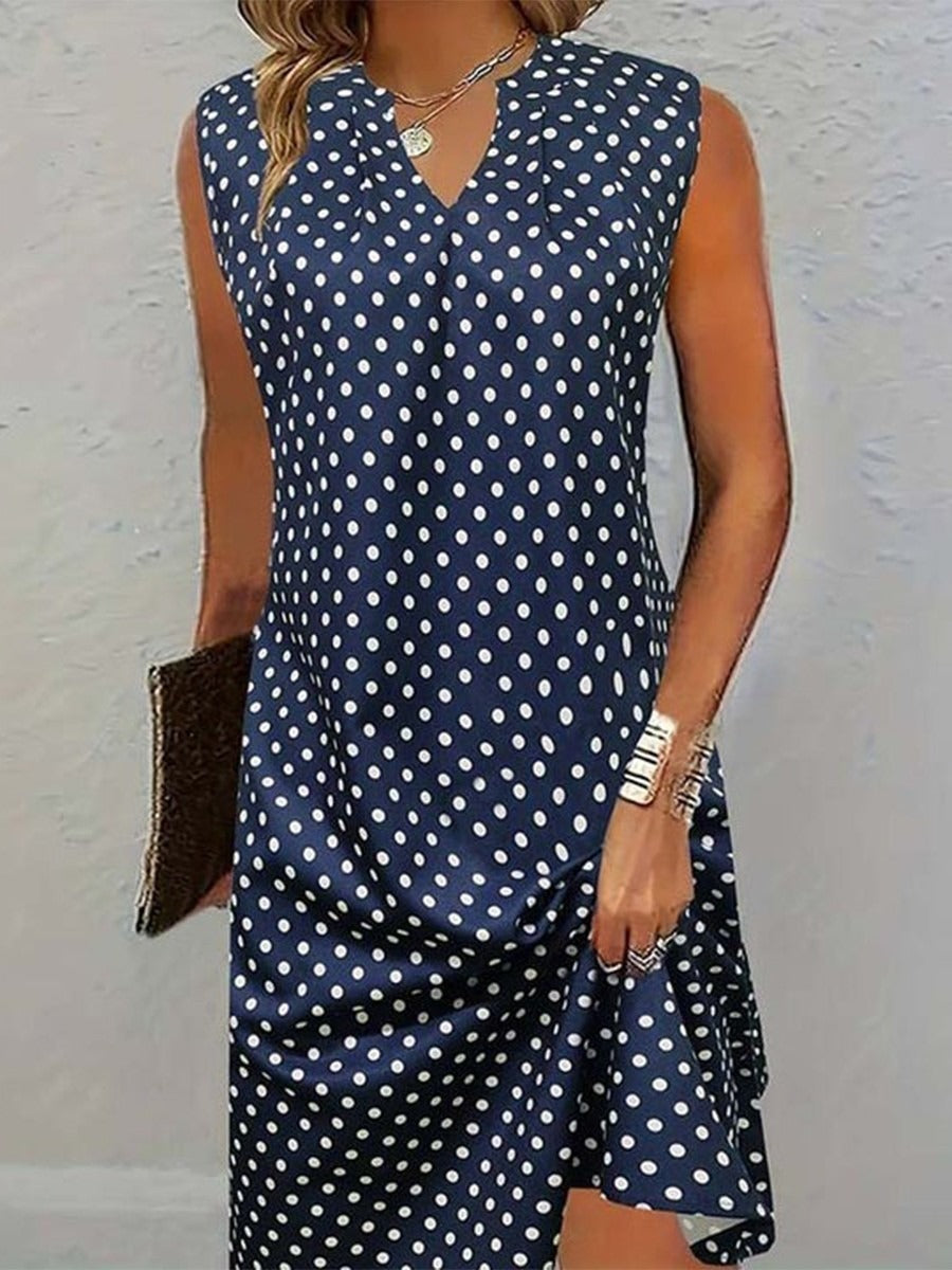 Vintage ärmelloses kurzes Kleid in Marineblau mit Polka-Dots und V-Ausschnitt