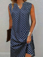Vintage ärmelloses kurzes Kleid in Marineblau mit Polka-Dots und V-Ausschnitt