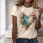 Cute Round Neck Heart Printed Short Sleeve T-Shirt