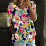 Showy Floral Print Round Neck 3/4 Sleeves Blouse