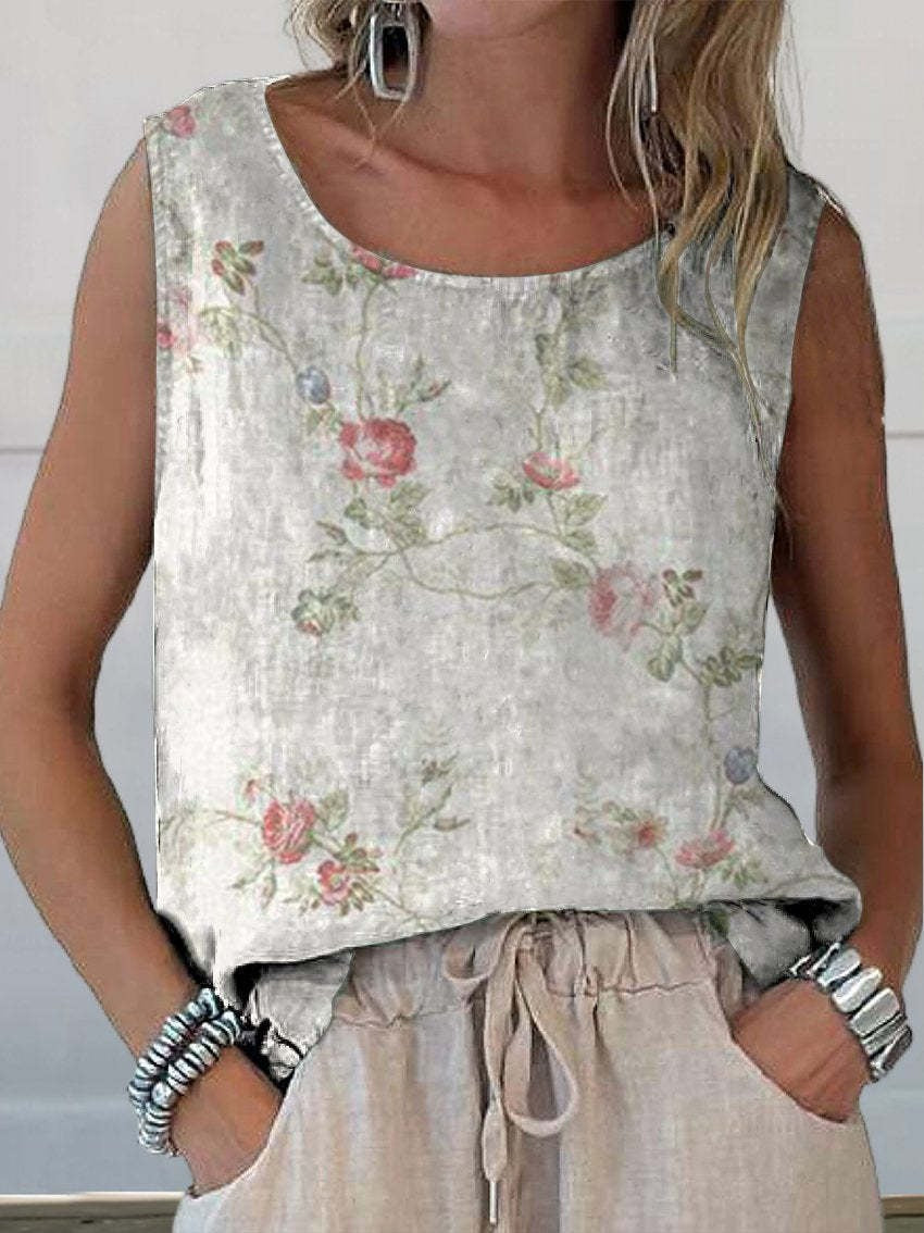 Retro Floral Art Print Casual Tank Top