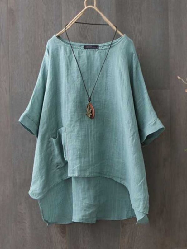 Plain Casual Round Neck Irregular Hem Design Shirt