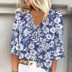 Blue Floral Print 3/4 Sleeves V-neck Blouse