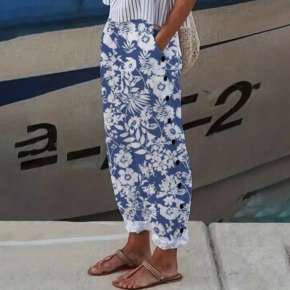 Blue Floral Print Side Pocket Pants