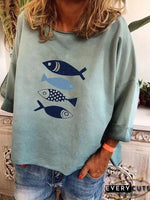 Blue Casual Round Neck Fish Print T-Shirt