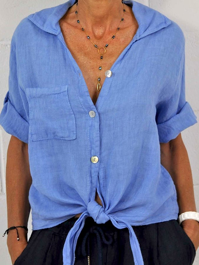 Vintage Solid Lapel Button Pocket Shirt